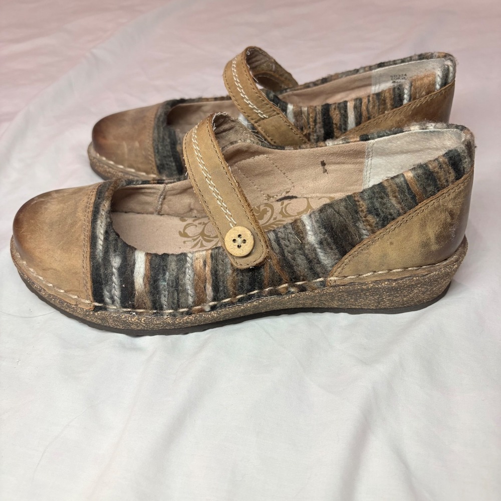 Aetrex SD324 Mary Jane Leather Wool Stripe Brown Tan Wedge Shoes Women 7.5-8 38